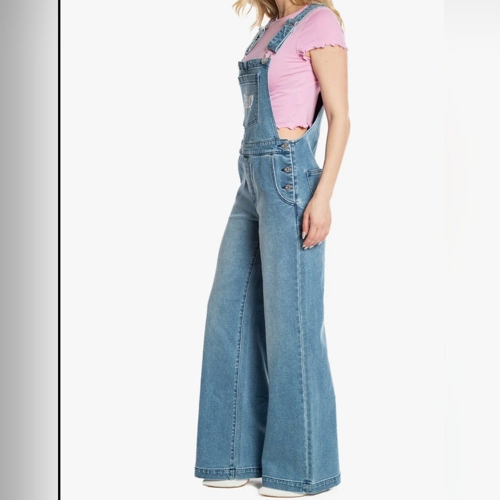 Juicy Couture Denim Rhinestone Bedazzled Wide Leg Disco Dungarees - Picture 2 of 16